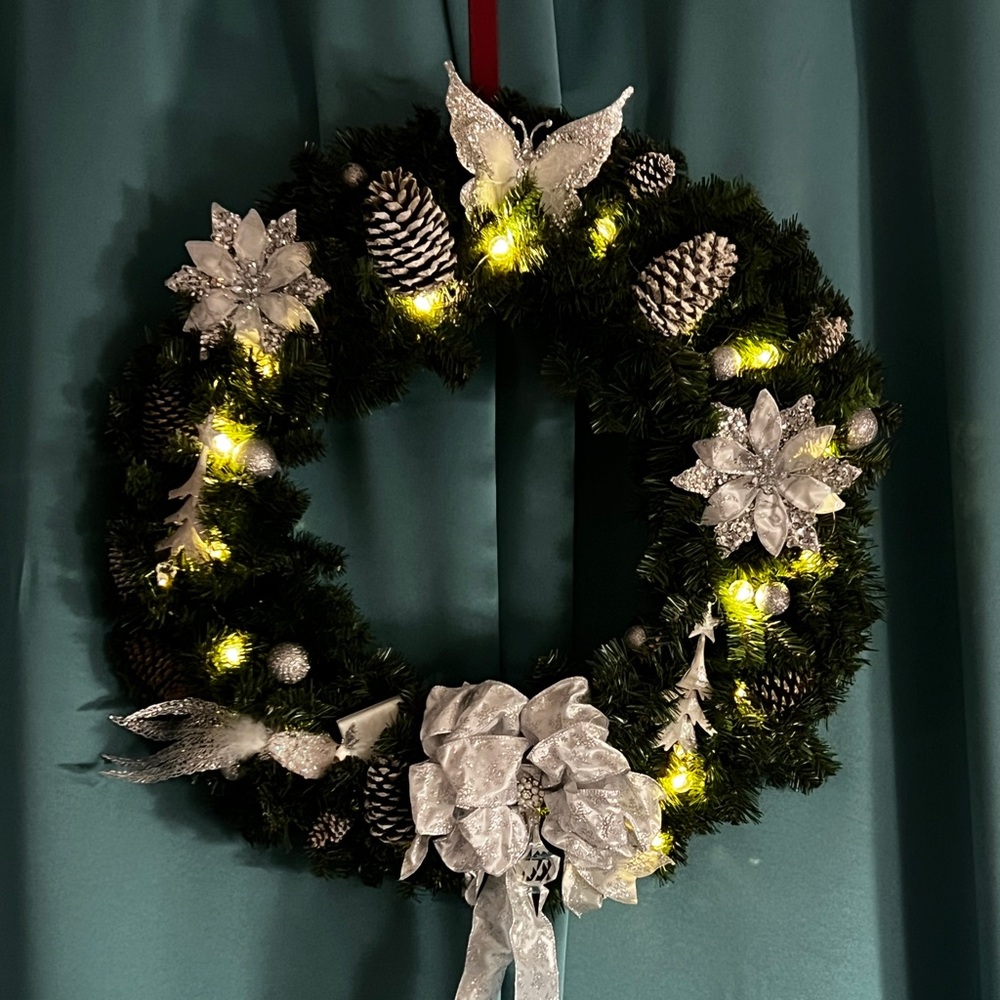 Beautiful custom Christmas Wreath. Lighted with battery lights.